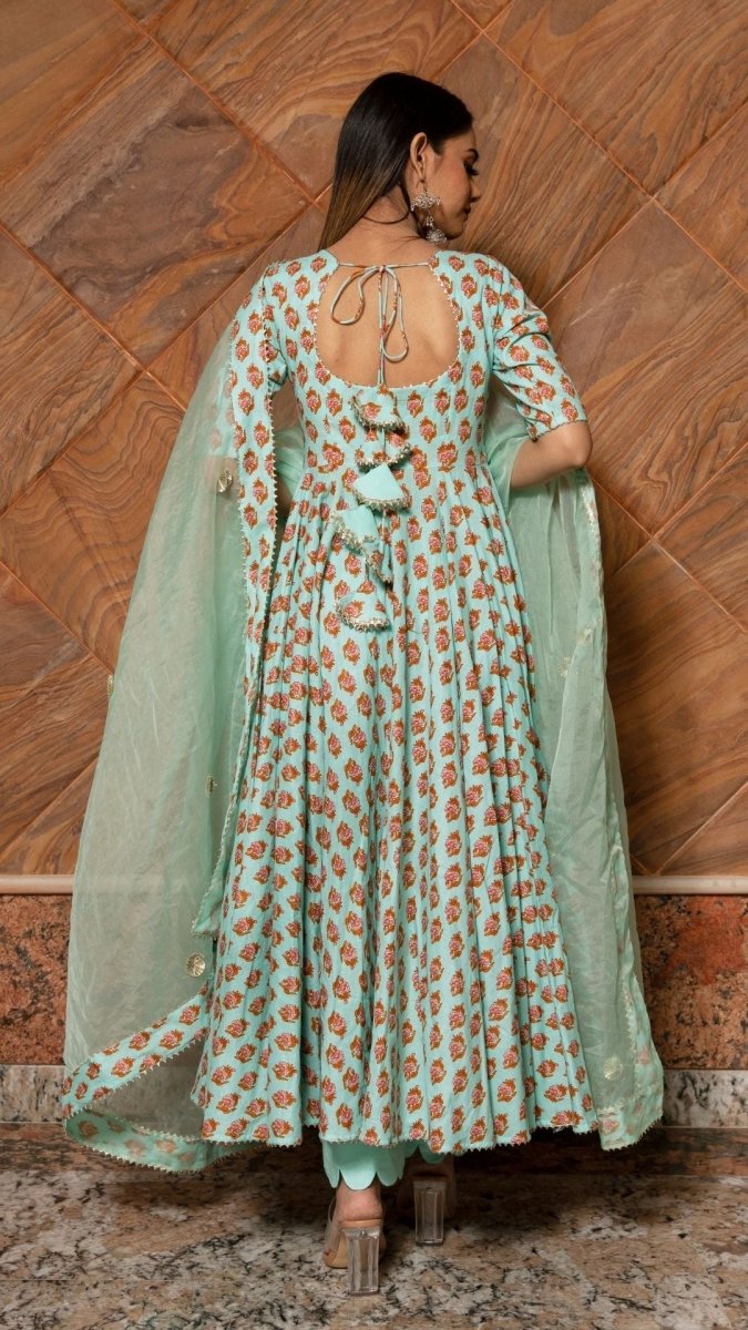 LILLY OF VALLEY HAND BLOCK ANARKALI SET WITH ORGANZA DUPATTA - Pomcha Jaipur