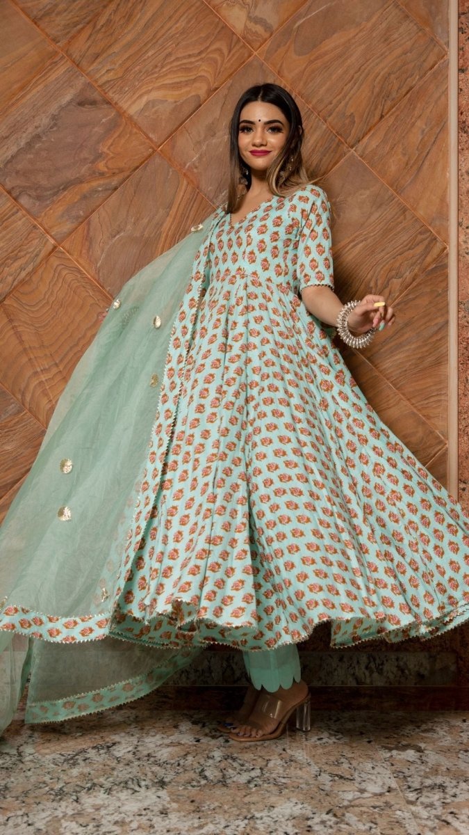 LILLY OF VALLEY HAND BLOCK ANARKALI SET WITH ORGANZA DUPATTA - Pomcha Jaipur