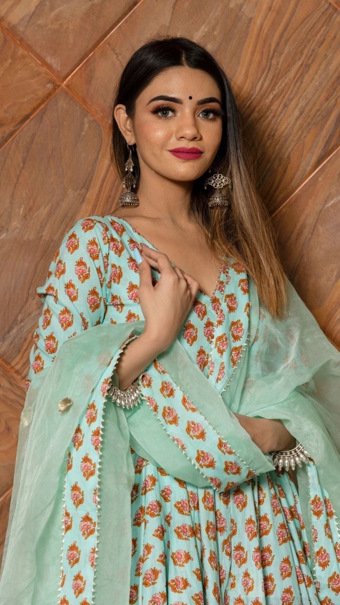 LILLY OF VALLEY HAND BLOCK ANARKALI SET WITH ORGANZA DUPATTA - Pomcha Jaipur