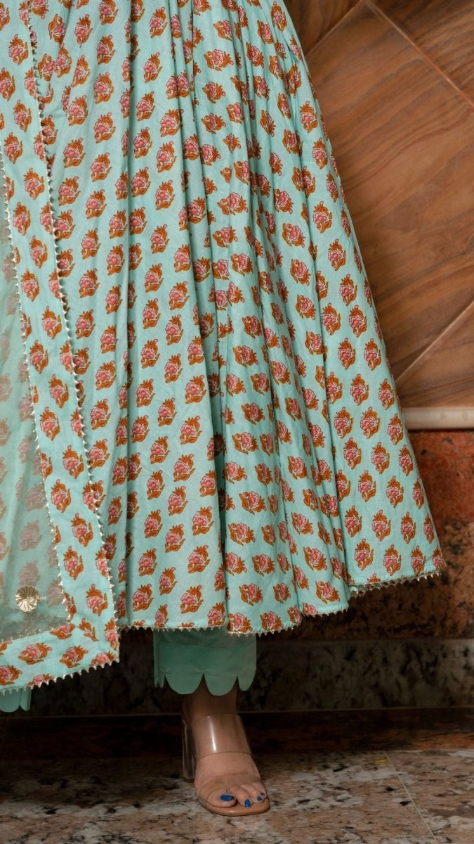 LILLY OF VALLEY HAND BLOCK ANARKALI SET WITH ORGANZA DUPATTA - Pomcha Jaipur