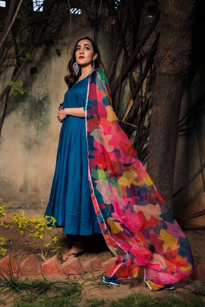 LILY BLUE RAYON ANARKALI WITH ORGANZA DUPATTA - Pomcha Jaipur