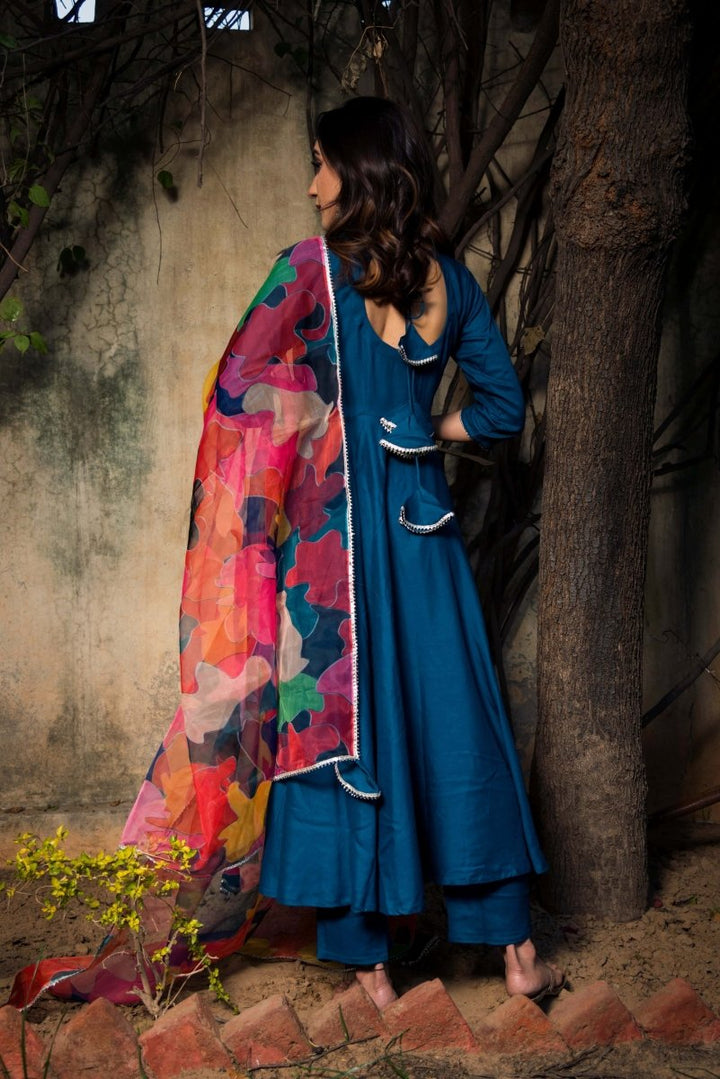 LILY BLUE RAYON ANARKALI WITH ORGANZA DUPATTA - Pomcha Jaipur