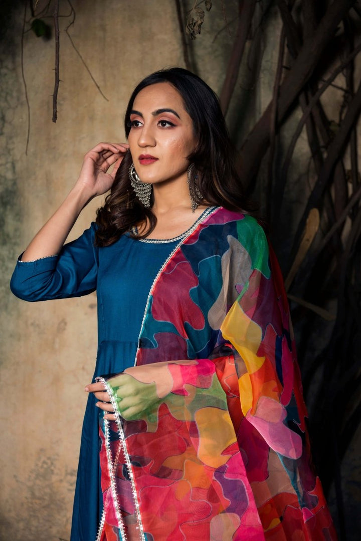 LILY BLUE RAYON ANARKALI WITH ORGANZA DUPATTA - Pomcha Jaipur