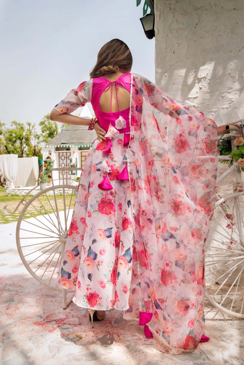 LOTUS HOT PINK MODAL CHENDERI SILK ANARKALI WITH ORGANZA DUPATTA SET - Pomcha Jaipur