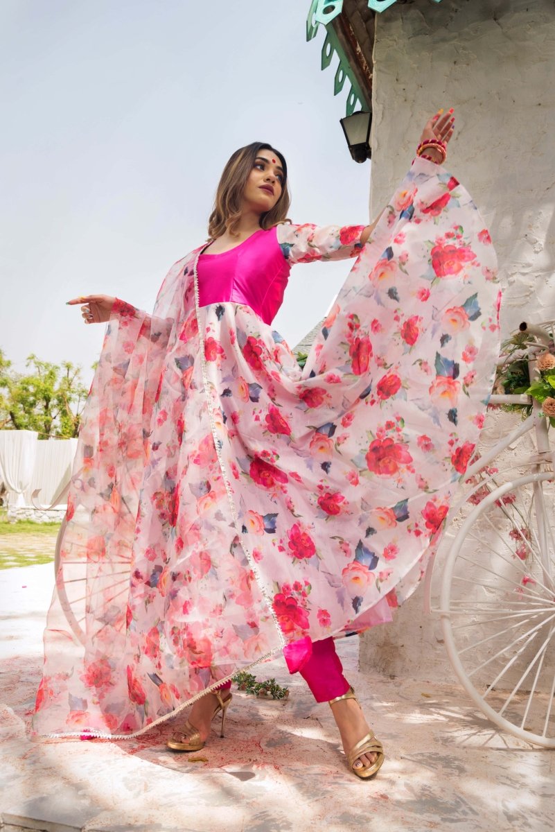 LOTUS HOT PINK MODAL CHENDERI SILK ANARKALI WITH ORGANZA DUPATTA SET - Pomcha Jaipur