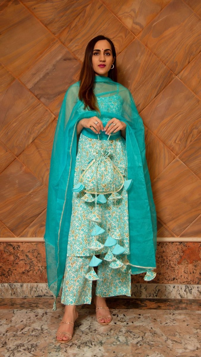 MAGAN BLUE COTTON SUIT SET - Pomcha Jaipur