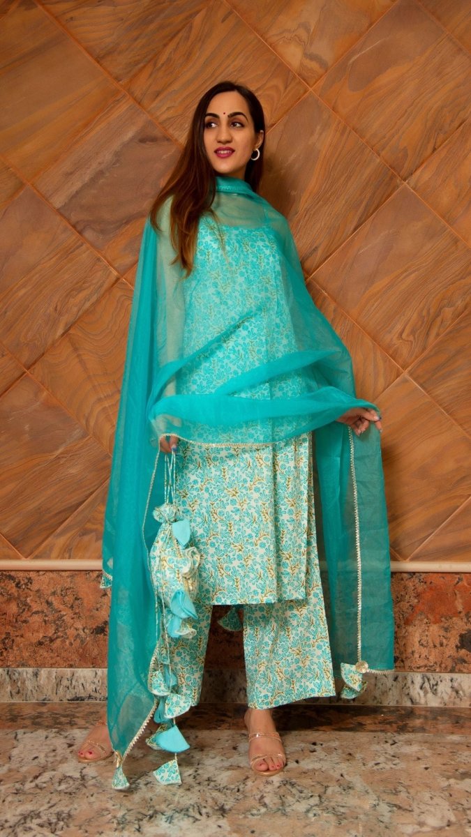MAGAN BLUE COTTON SUIT SET - Pomcha Jaipur
