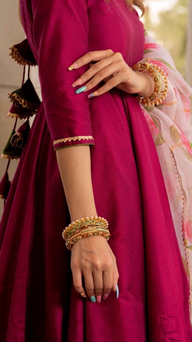 Magenta lilly cotton silk anarkali set - Pomcha Jaipur