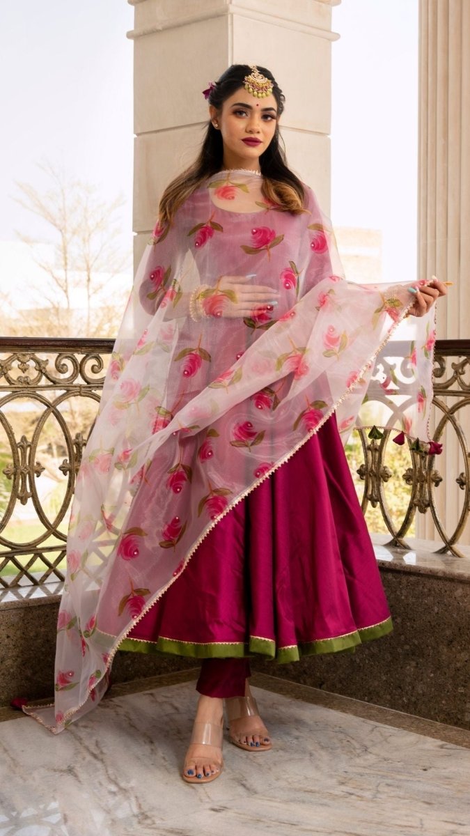 Magenta lilly cotton silk anarkali set - Pomcha Jaipur
