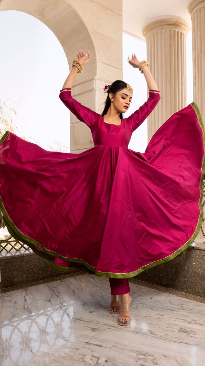 Magenta lilly cotton silk anarkali set - Pomcha Jaipur