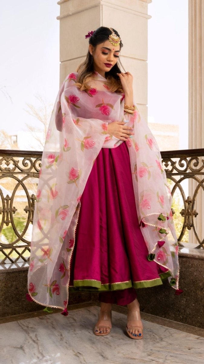 Magenta lilly cotton silk anarkali set - Pomcha Jaipur