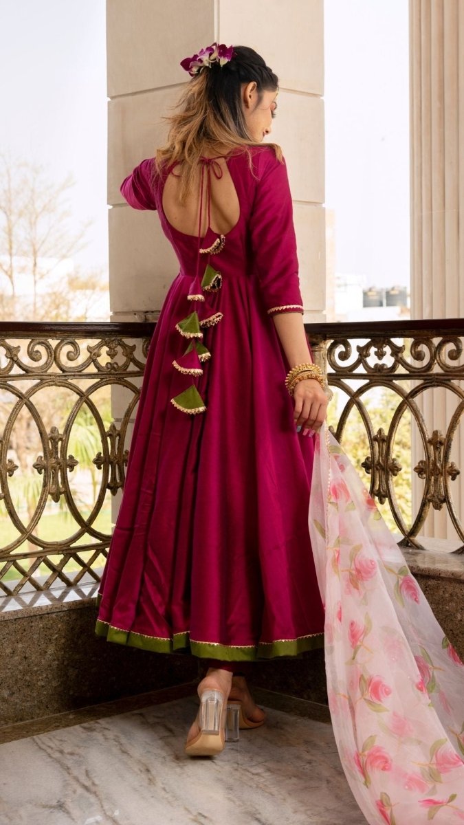 Magenta lilly cotton silk anarkali set - Pomcha Jaipur