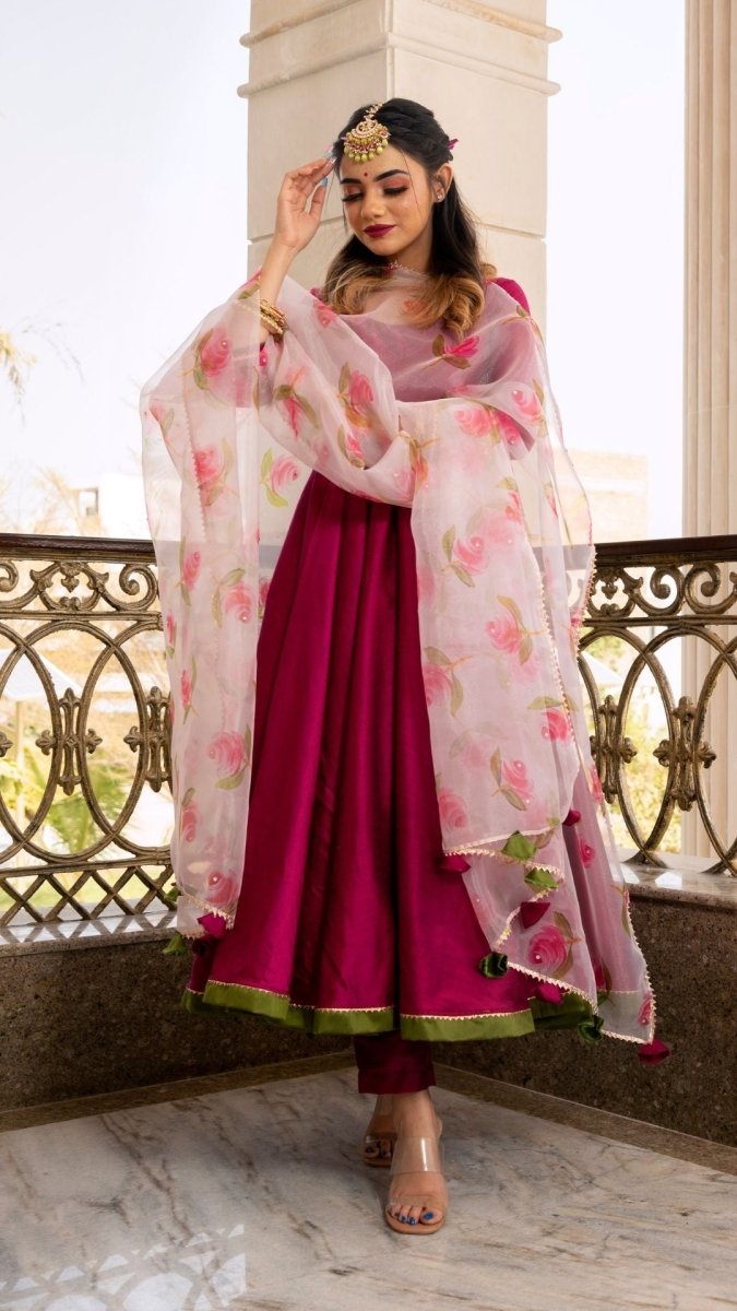 Magenta lilly cotton silk anarkali set - Pomcha Jaipur