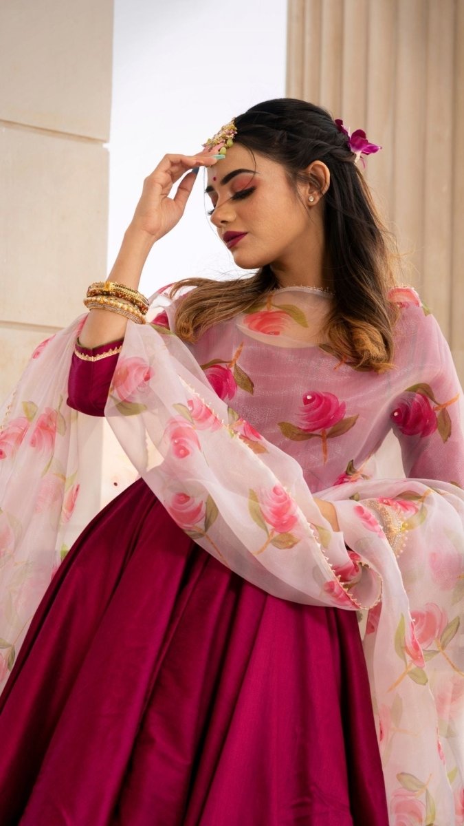 Magenta lilly cotton silk anarkali set - Pomcha Jaipur