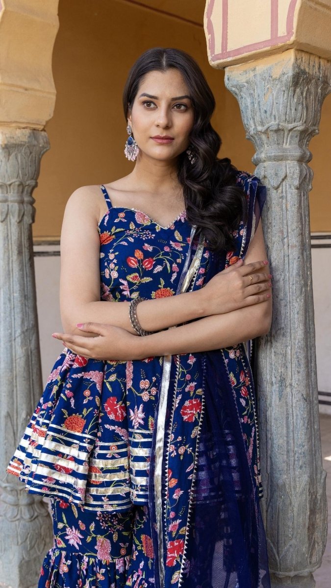 MAHI BLUE COTTON SHARARA SET - Pomcha Jaipur