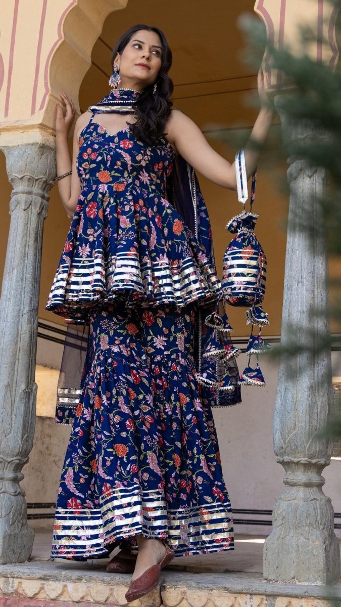 MAHI BLUE COTTON SHARARA SET - Pomcha Jaipur