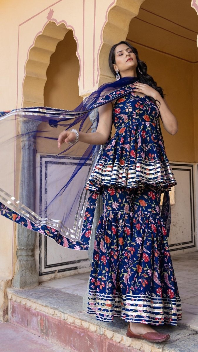 MAHI BLUE COTTON SHARARA SET - Pomcha Jaipur