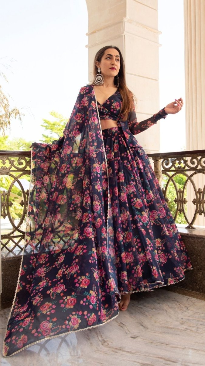 MANJARI BLUE DIGITAL PRINT ORGANZA LEHENGA WITH ORGANZA DUPATTA SET - Pomcha Jaipur