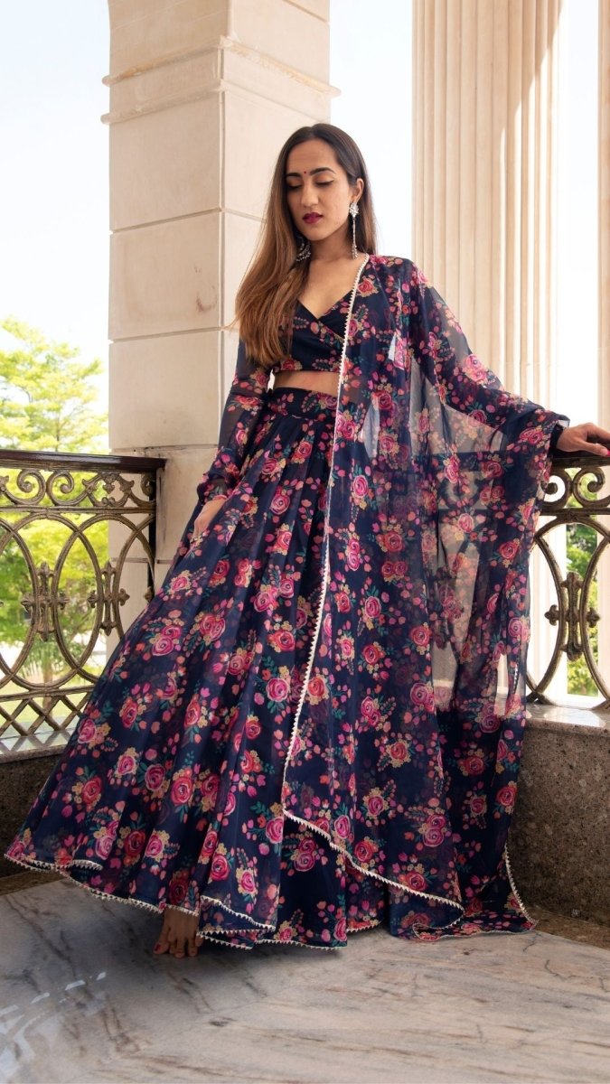 MANJARI BLUE DIGITAL PRINT ORGANZA LEHENGA WITH ORGANZA DUPATTA SET - Pomcha Jaipur