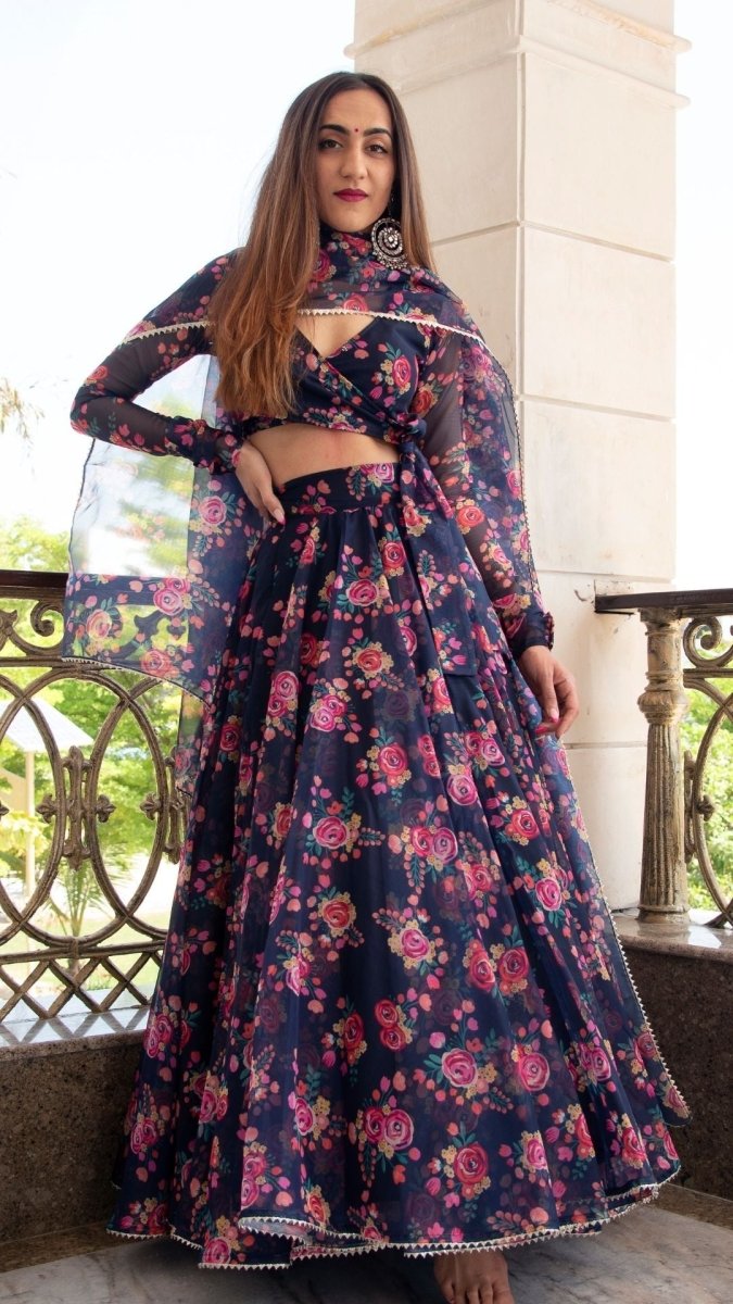 MANJARI BLUE DIGITAL PRINT ORGANZA LEHENGA WITH ORGANZA DUPATTA SET - Pomcha Jaipur