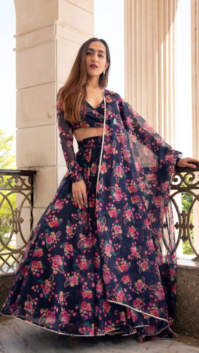 MANJARI BLUE DIGITAL PRINT ORGANZA LEHENGA WITH ORGANZA DUPATTA SET - Pomcha Jaipur