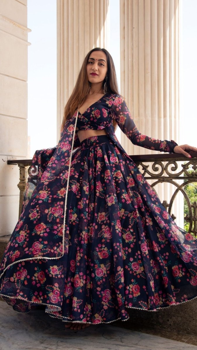 MANJARI BLUE DIGITAL PRINT ORGANZA LEHENGA WITH ORGANZA DUPATTA SET - Pomcha Jaipur