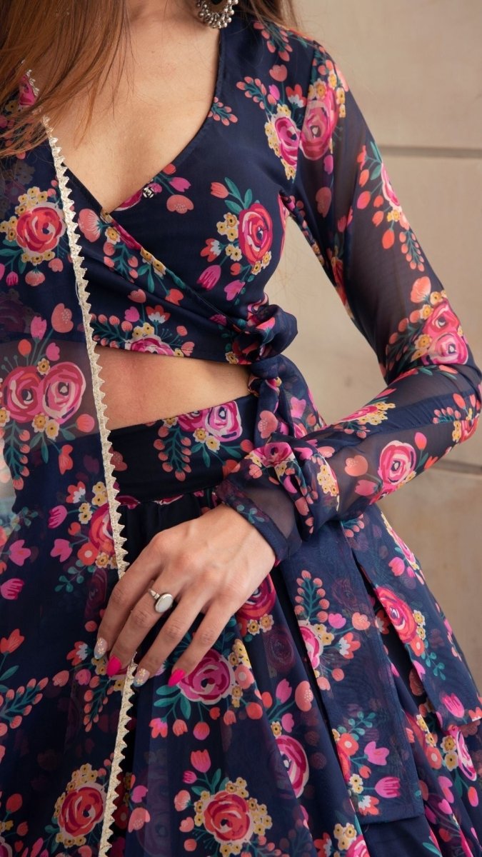 MANJARI BLUE DIGITAL PRINT ORGANZA LEHENGA WITH ORGANZA DUPATTA SET - Pomcha Jaipur