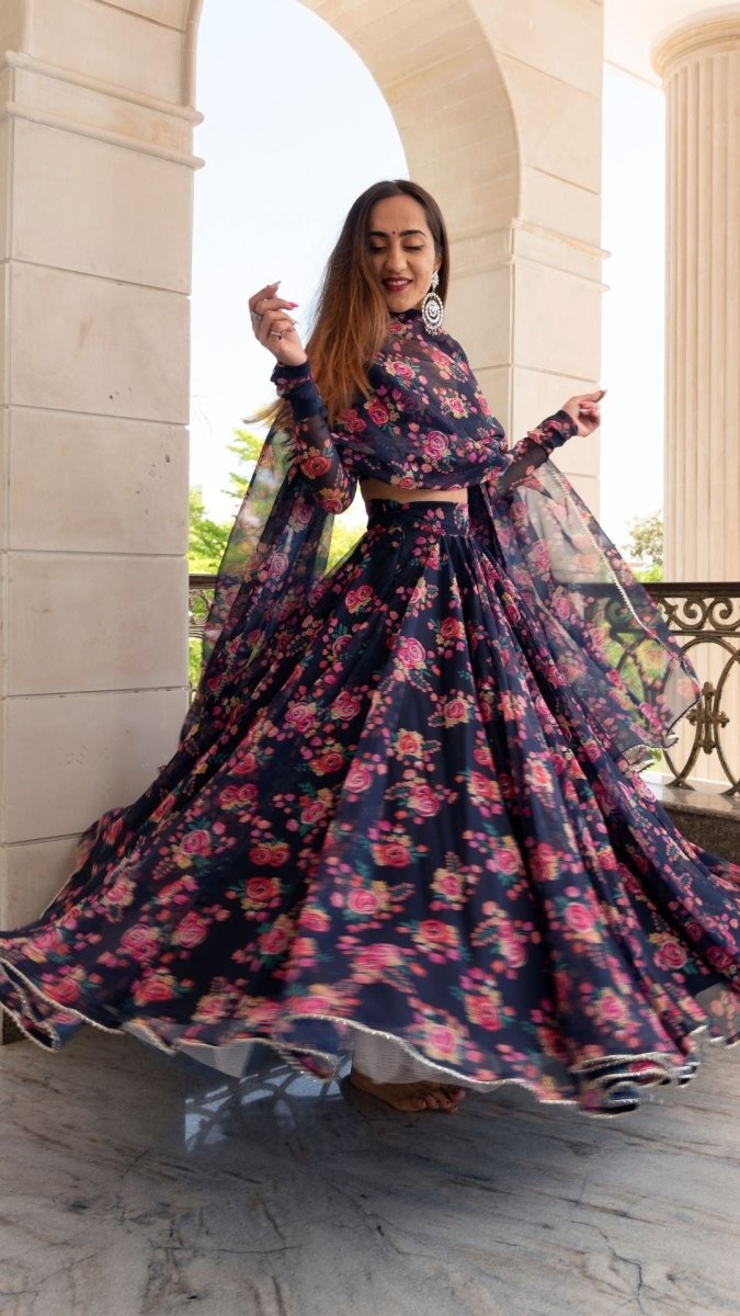 MANJARI BLUE DIGITAL PRINT ORGANZA LEHENGA WITH ORGANZA DUPATTA SET - Pomcha Jaipur