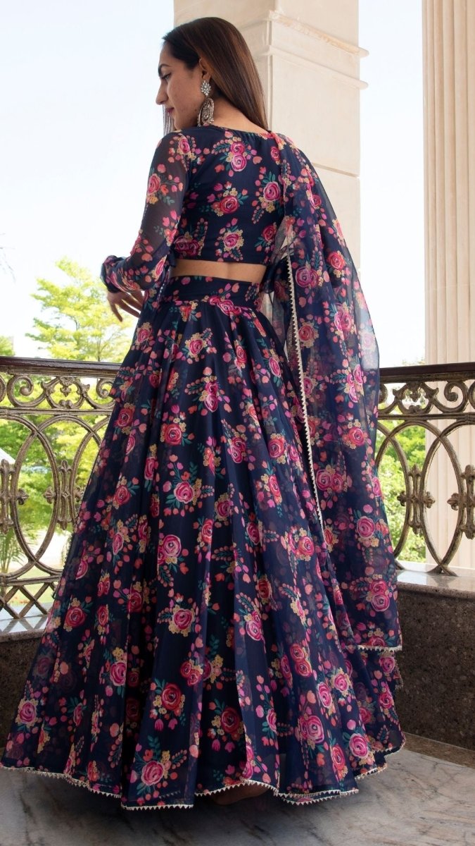 MANJARI BLUE DIGITAL PRINT ORGANZA LEHENGA WITH ORGANZA DUPATTA SET - Pomcha Jaipur