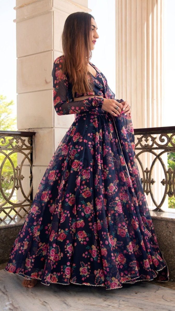 MANJARI BLUE DIGITAL PRINT ORGANZA LEHENGA WITH ORGANZA DUPATTA SET - Pomcha Jaipur