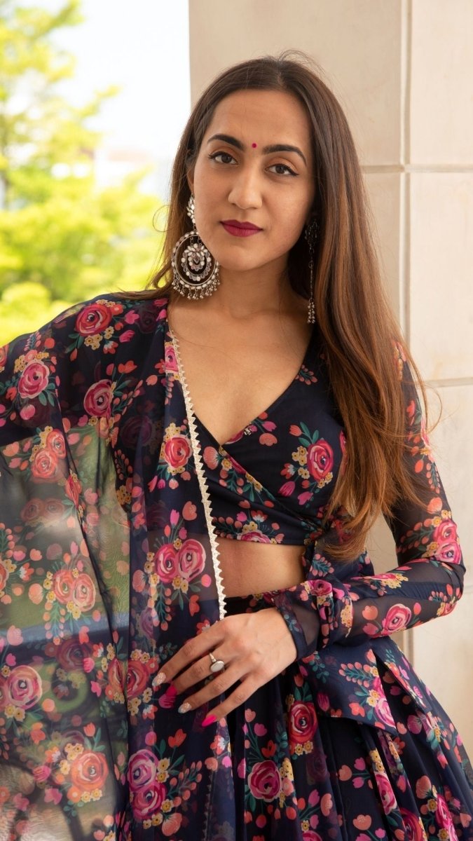 MANJARI BLUE DIGITAL PRINT ORGANZA LEHENGA WITH ORGANZA DUPATTA SET - Pomcha Jaipur