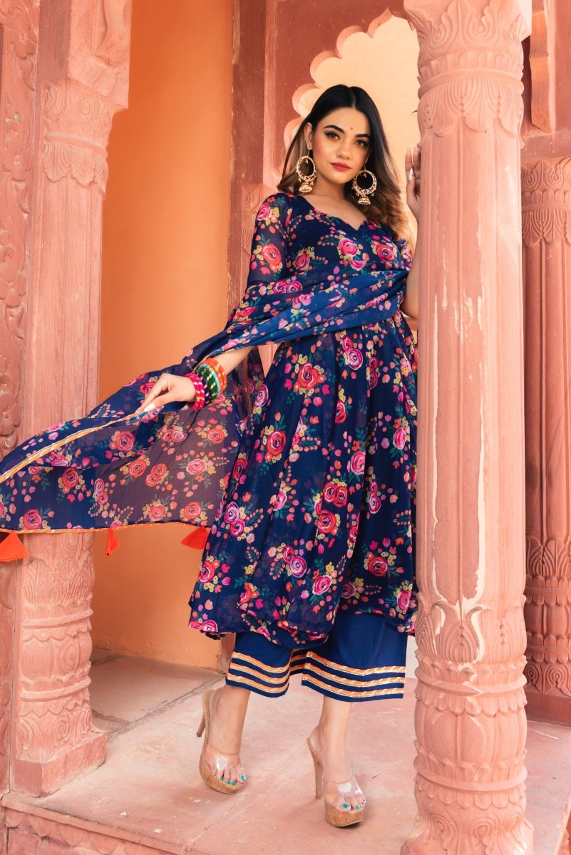 MANJARI BLUE ORGANZA PHOOL JAAL ANARKALI SET WITH ORGANZA DUPATTA - Pomcha Jaipur