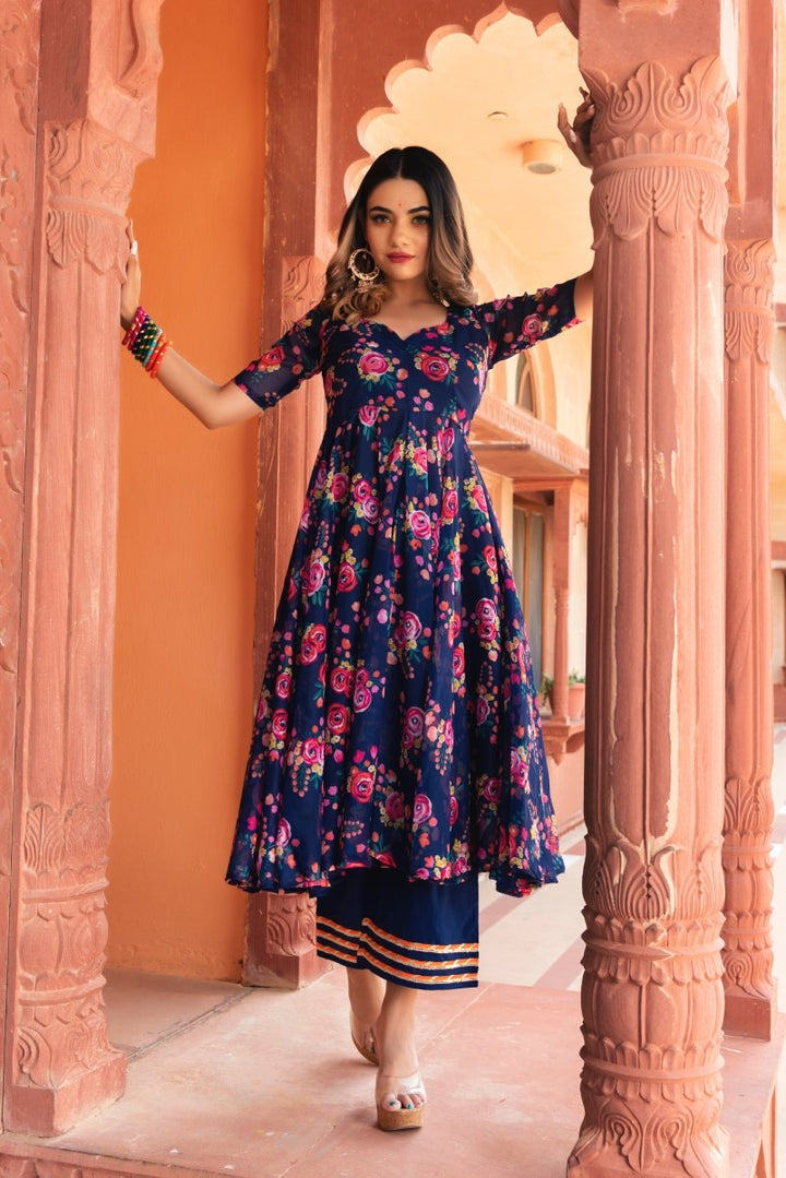 MANJARI BLUE ORGANZA PHOOL JAAL ANARKALI SET WITH ORGANZA DUPATTA - Pomcha Jaipur