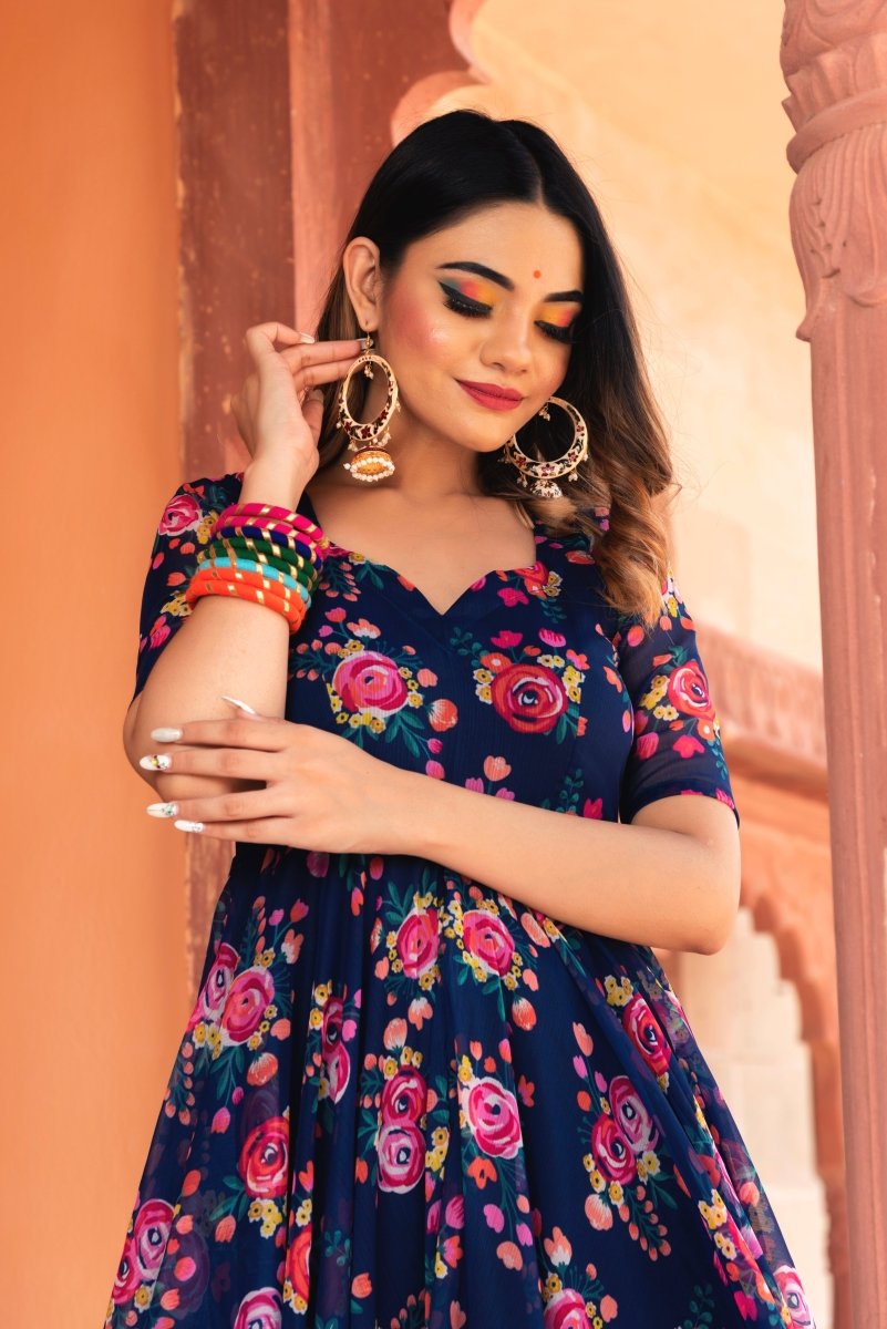 MANJARI BLUE ORGANZA PHOOL JAAL ANARKALI SET WITH ORGANZA DUPATTA - Pomcha Jaipur