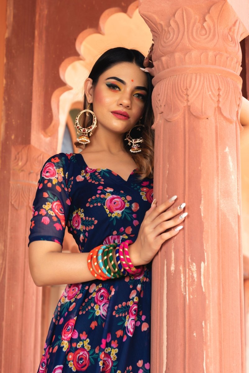 MANJARI BLUE ORGANZA PHOOL JAAL ANARKALI SET WITH ORGANZA DUPATTA - Pomcha Jaipur