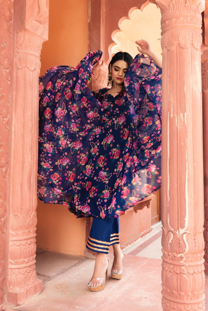 MANJARI BLUE ORGANZA PHOOL JAAL ANARKALI SET WITH ORGANZA DUPATTA - Pomcha Jaipur