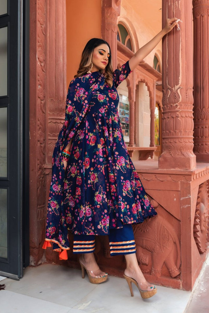 MANJARI BLUE ORGANZA PHOOL JAAL ANARKALI SET WITH ORGANZA DUPATTA - Pomcha Jaipur