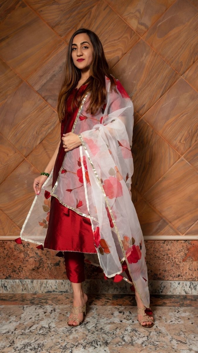 MAROON PHOOL TAFFETA SILK SUIT WITH DIGITAL PRINT ORGANZA DUPATTA SET - Pomcha Jaipur