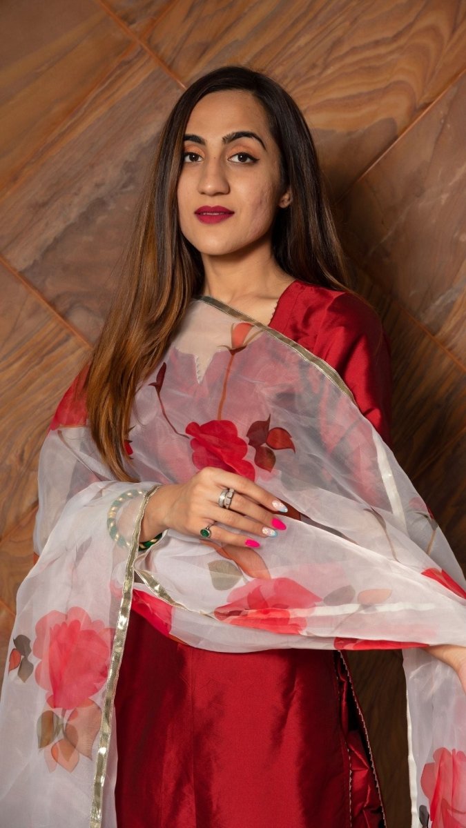 MAROON PHOOL TAFFETA SILK SUIT WITH DIGITAL PRINT ORGANZA DUPATTA SET - Pomcha Jaipur