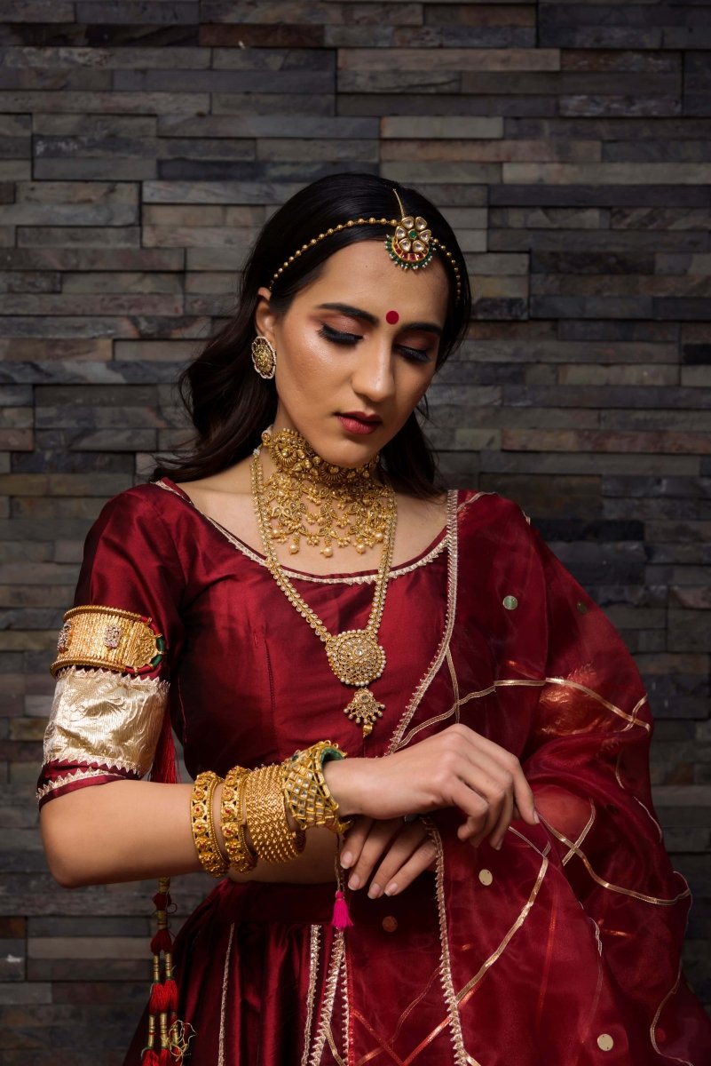 maroon Taffeta Silk lappa work Lehenga with jaal work organza dupatta set - Pomcha Jaipur