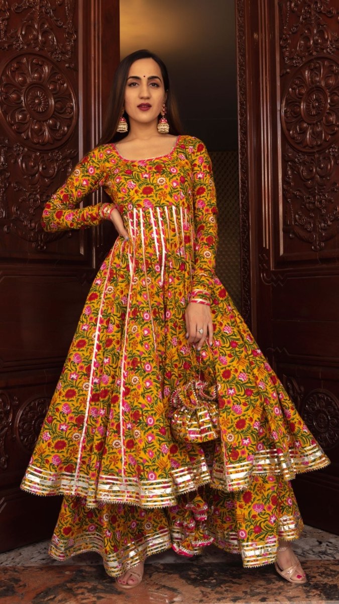 MASTANI YELLOW COTTON HAND BLOCK PRINT ANARKALI PLAZO SET WITH ORGANZA DUPATTA - Pomcha Jaipur