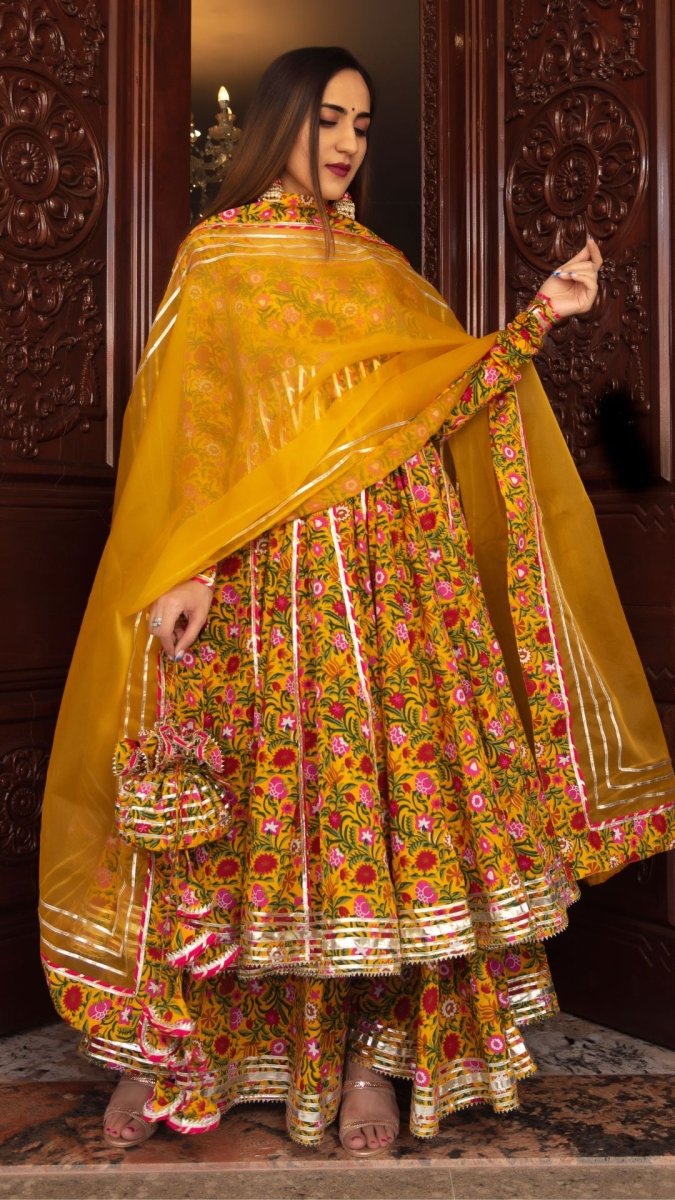 MASTANI YELLOW COTTON HAND BLOCK PRINT ANARKALI PLAZO SET WITH ORGANZA DUPATTA - Pomcha Jaipur