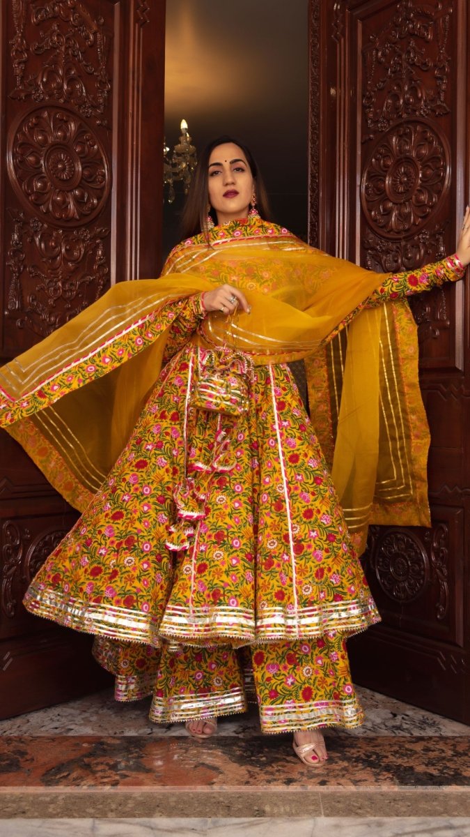 MASTANI YELLOW COTTON HAND BLOCK PRINT ANARKALI PLAZO SET WITH ORGANZA DUPATTA - Pomcha Jaipur