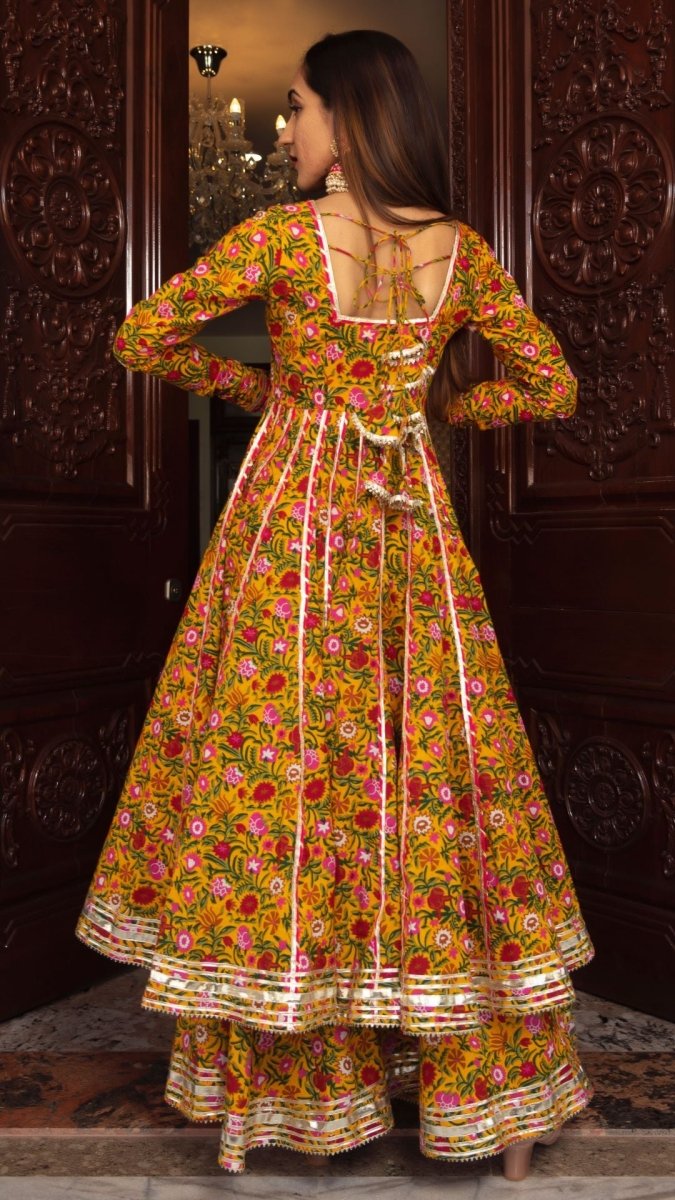 MASTANI YELLOW COTTON HAND BLOCK PRINT ANARKALI PLAZO SET WITH ORGANZA DUPATTA - Pomcha Jaipur