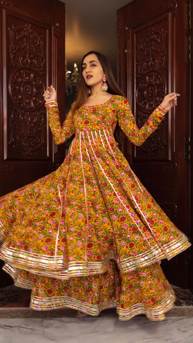 MASTANI YELLOW COTTON HAND BLOCK PRINT ANARKALI PLAZO SET WITH ORGANZA DUPATTA - Pomcha Jaipur