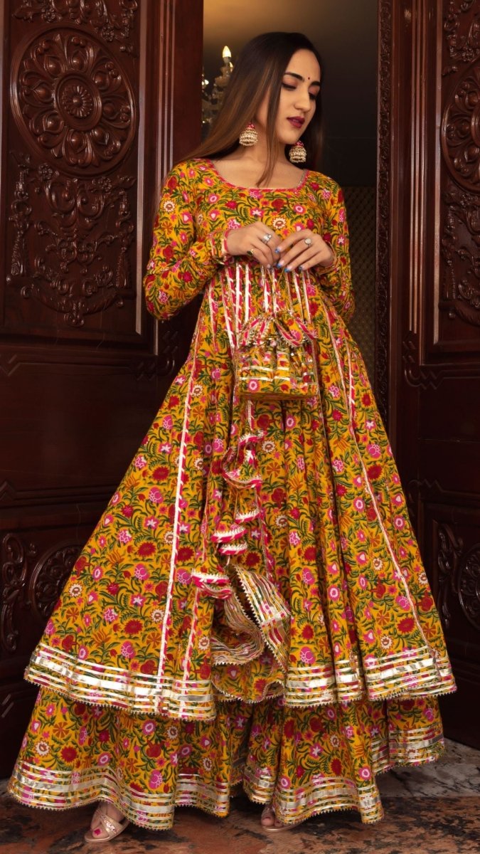 MASTANI YELLOW COTTON HAND BLOCK PRINT ANARKALI PLAZO SET WITH ORGANZA DUPATTA - Pomcha Jaipur