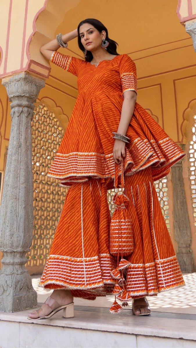 MEERA LEHERIYA ORANGE COTTON SHARARA SET - Pomcha Jaipur