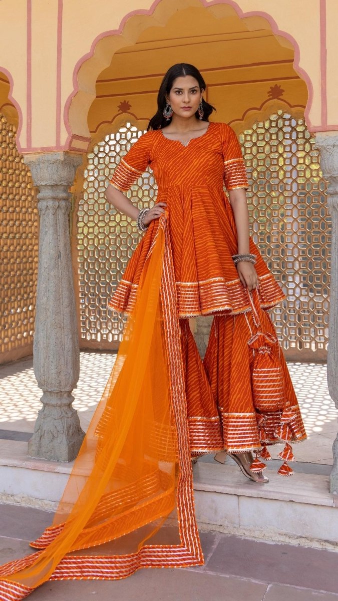 MEERA LEHERIYA ORANGE COTTON SHARARA SET - Pomcha Jaipur