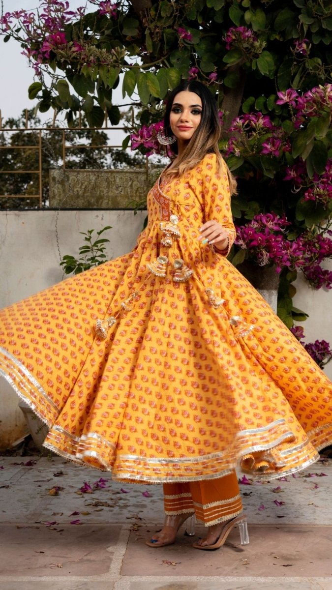 MEHAR LIGHT BROWN HAND BLOCK ANGRAKHA SET - Pomcha Jaipur