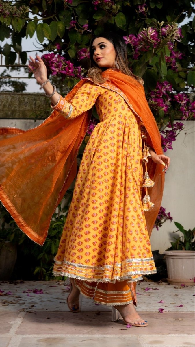 MEHAR LIGHT BROWN HAND BLOCK ANGRAKHA SET - Pomcha Jaipur